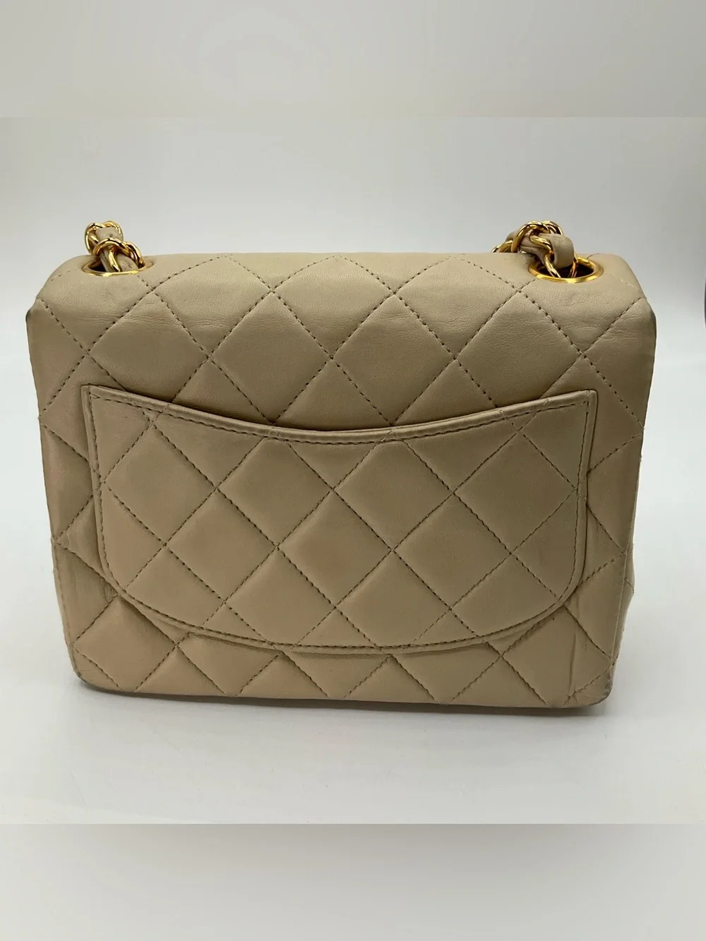 Chanel Classic Mini Flap Beige Quilted Lambskin Leather Gold Chain Shoulder Bag